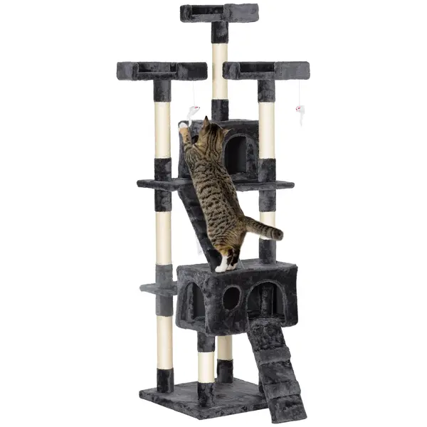 PawHut Albero Tiragraffi per Gatti con Due Cucce in Peluche e Sisal, Grigio, 50x50x170cm