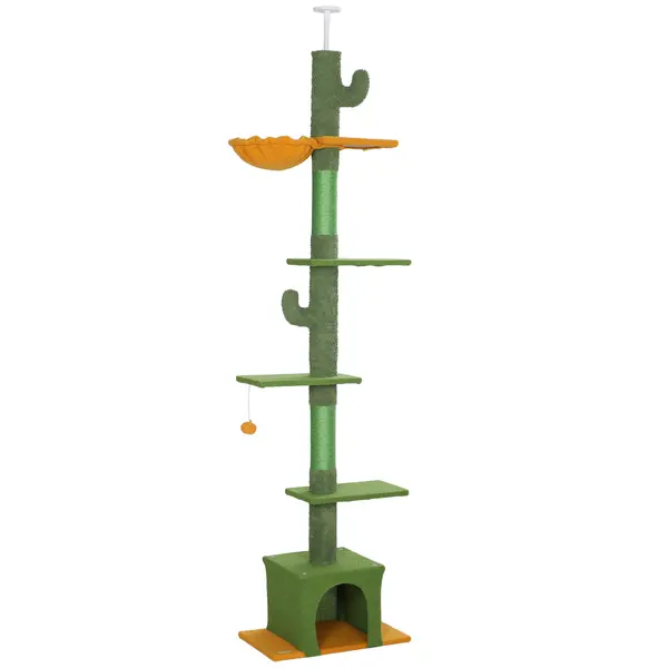 PawHut Ansamblu de Zgâriat pentru Pisici cu Fixare în Tavan, 230-275 cm, Hamac, Căsuță, Stâlpi din Sisal, Verde | Aosom Romania