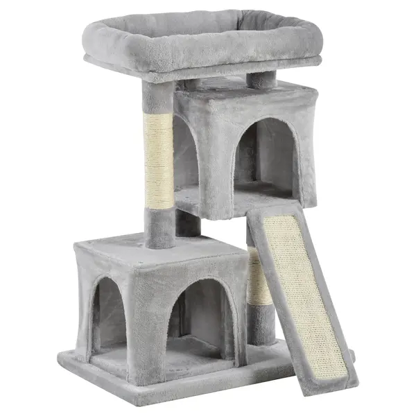 PawHut Ansamblu pentru pisici cu stalpi din sisal, pat si 2 case cu tapiterie de plus, 59x39x83cm, gri | Aosom Romania