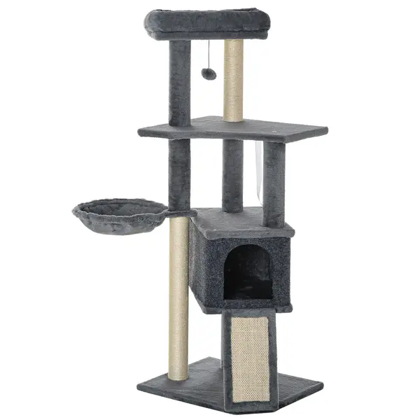 PawHut Ansamblu Zgâriat Pisici cu Stâlpi Sisal, Căsuță, Hamac, Platforme, 127 cm, PAL și Pluș, Gri | Aosom Romania