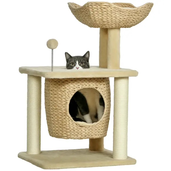 PawHut Arbore de pisici cu zgârdaioare din sisal natural, 1 cuib, coș, măciucă, plus jacinthe d'eau 45 x 40 x 74 cm bej | Aosom Romania