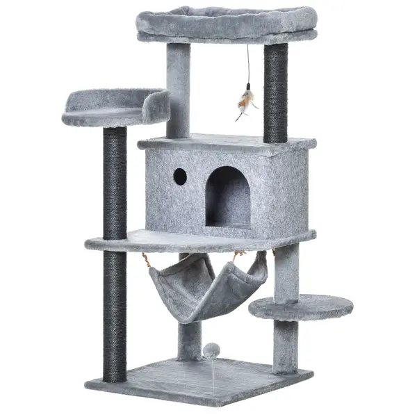PawHut Arbore Răzuitoare pentru Pisici 48x48x107 cm Turn pentru Pisici cu Cavernă de Fetru Demontabilă Hamacă Paturi Platforme Gri | Aosom Romania