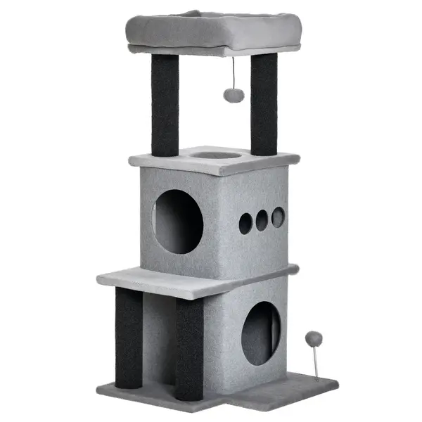 PawHut Arborișoare pentru pisici design cozy-chic multi-echipate centrul de activități cu zone, platforme, pat, joc cu bile, fețre detașabile și lavabile, plăci de particule, pluș scurt 48 x 48 x 100 cm gri | Aosom Romania