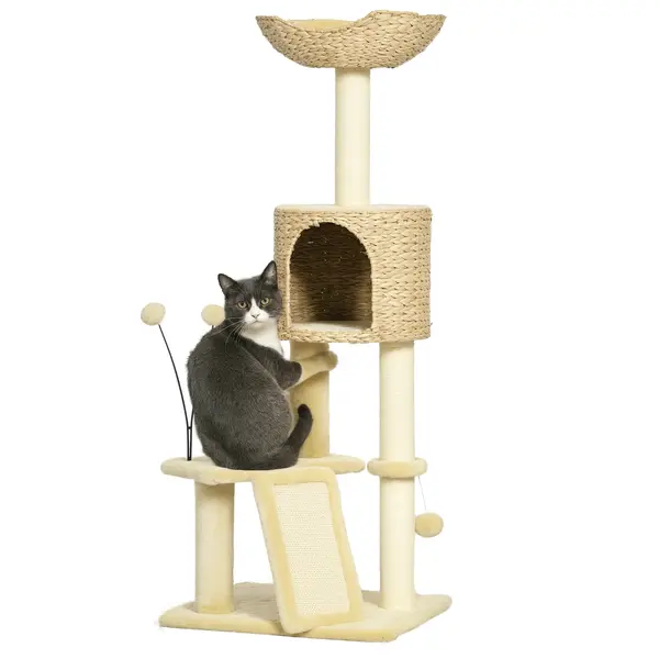 PawHut Arbre à chat înălțime 116 cm casetă coș platforme pompoane din pluș și iasomie de apă - bej | Aosom Romania
