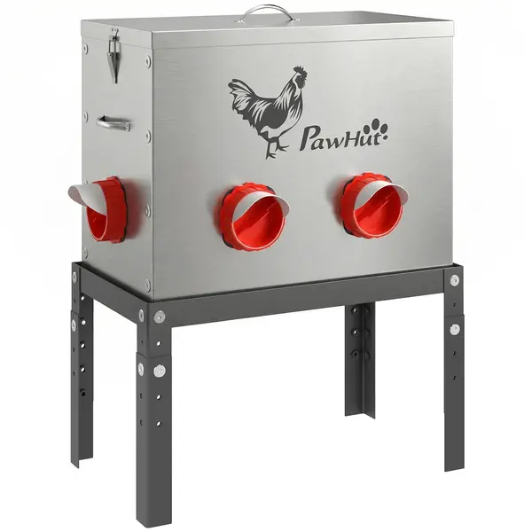 PawHut Automat hrănire găini 18 kg capacitate cu capac cu închidere picioare reglabile 6 deschideri 42,3x25x55,3 cm Argintiu | Aosom Romania