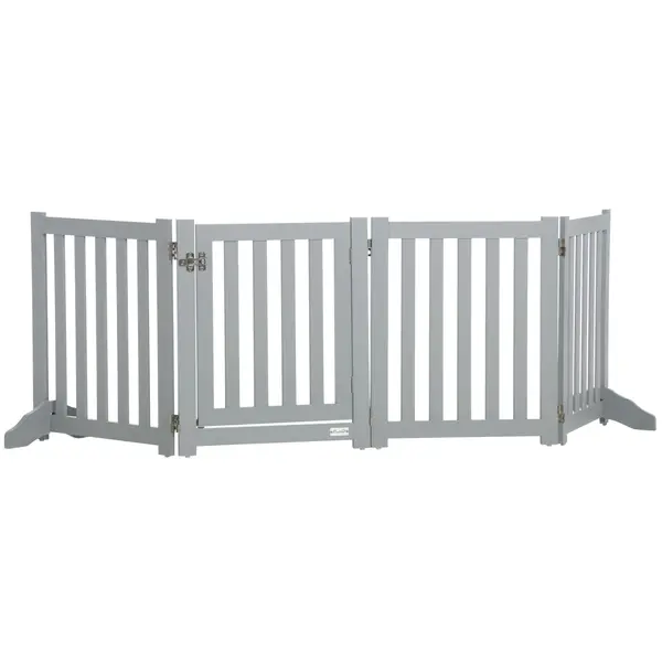 PawHut Barieră de Siguranță Câini Pliabilă cu Dublă Față din Lemn, 4 Panouri cu Ușă, Picioare de Suport, 205 x 60 cm, Gri | Aosom Romania