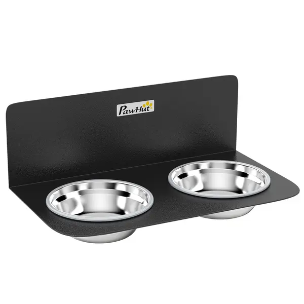PawHut Bol pentru câini reglabil pe înălțime montat pe perete cu 2 x 800ml boluri din oțel inoxidabil 42 x 23,5 x 14 cm Negru | Aosom Romania
