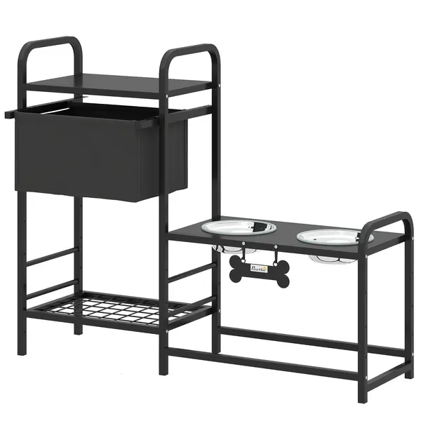 PawHut Bol ridicat pentru câini, reglabil pe înălțime, cu spațiu de depozitare, 2 x boluri din oțel inoxidabil 800 ml, 89,5x27x74 cm, Negru | Aosom Romania