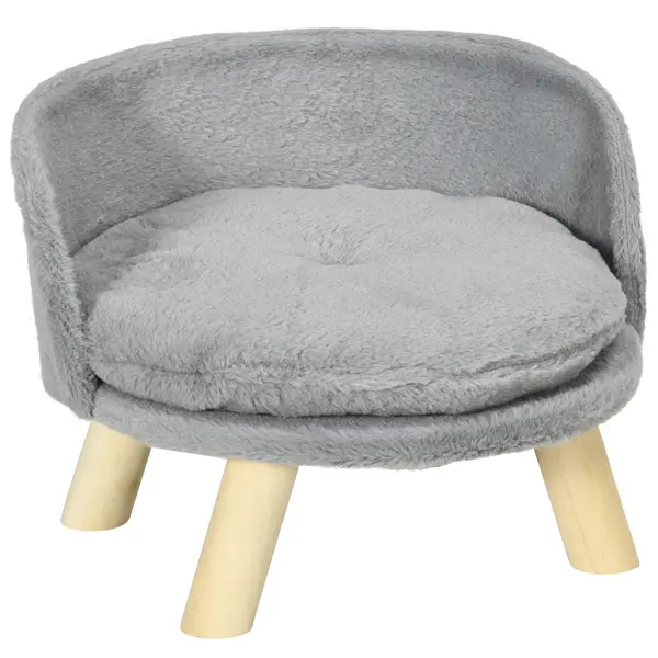 PawHut Canapea Rotundă pentru Câini din Țesătură de Pluș și Lemn cu Pernă Suplimentară din Bumbac, Ø40,5x33 cm, Gri | Aosom Romania