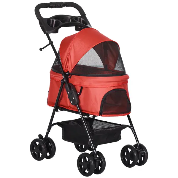 PawHut Cărucior buggy pliabil câine pisică coș depozitare suporturi pahare țesătură Oxford 300D impermeabilă 4 roți roșu | Aosom Romania