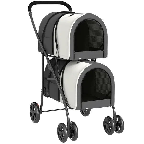 PawHut Cărucior Dublu pentru Câini și Pisici Pliabil cu 2 Transportine Detașabile cu Centură și Perne 66x50x98cm Gri Închis | Aosom Romania