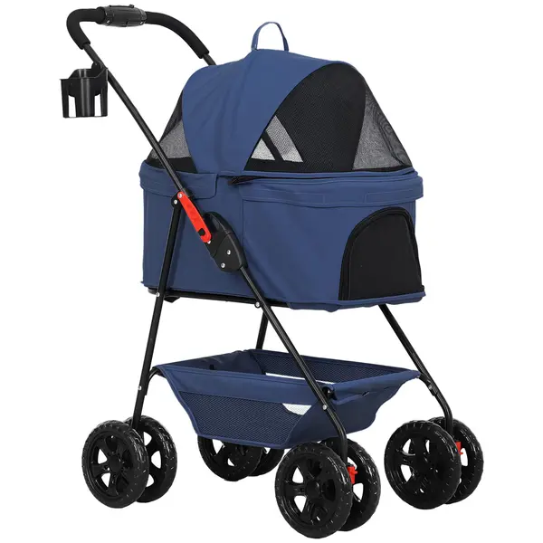 PawHut Cărucior pentru Animale de Companie 3 în 1 cu 4 Roți și Geantă de Transport Detașabilă, 76x50x102 cm, Albastru | Aosom Romania