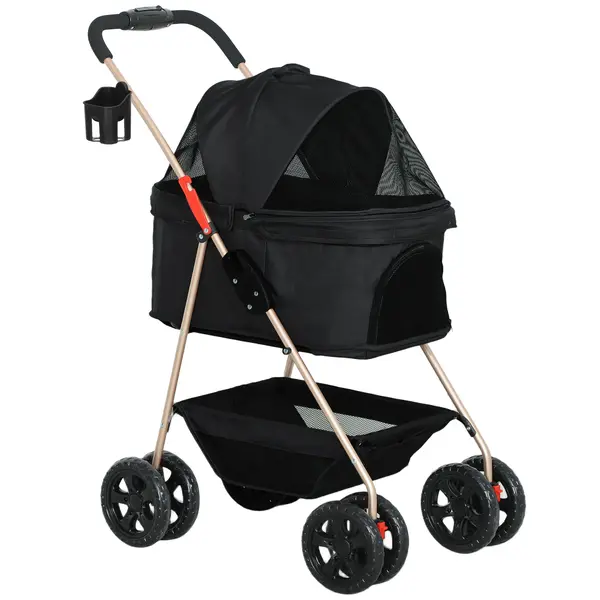 PawHut Cărucior pentru Animale de Companie 3 în 1 cu 4 Roți și Geantă de Transport Detașabilă, 76x50x102 cm, Negru | Aosom Romania