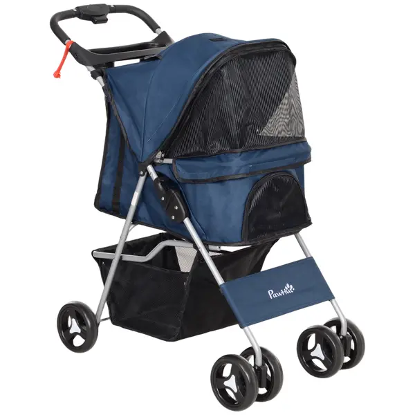 PawHut Cărucior pentru Câini cu Copertină Reglabilă, Coș Depozitare și Roți cu Frână Material Oxford 77x45x99,5 cm Albastru Închis | Aosom Romania