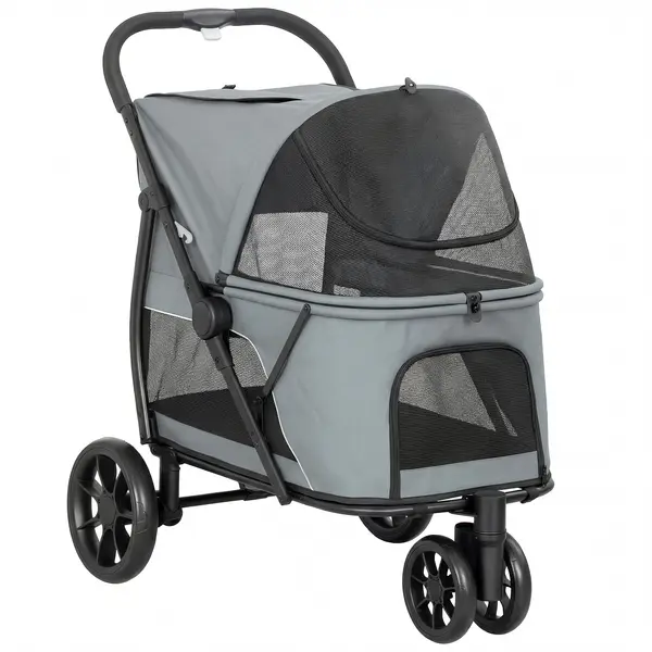 PawHut Cărucior pentru Câini Pliabil cu 3 Roți Ferestre din Plasă Pernă Lavabilă Pentru Orice Teren Sarcină 20 kg 92x63x95 cm Gri | Aosom Romania