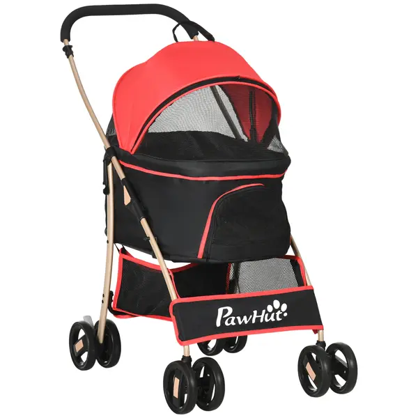 PawHut Cărucior pentru Câini Pliabil și Convertibil în Geantă de Transport cu 2 Lese și Pernă, 82x49.5x98 cm, Roșu | Aosom Romania