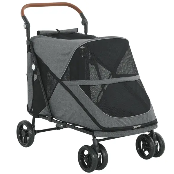 PawHut Cărucior pliabil pentru câini buggy pentru câini mari până la 30 kg cu roți rotative 360° fereastră din plasă pernă mâner reglabil Gri | Aosom Romania