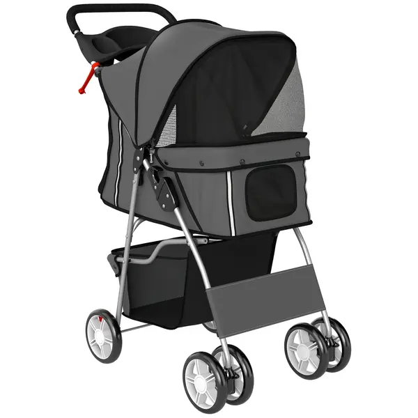 PawHut Cărucior pliabil pentru câini, cărucior cu bandă reflectorizantă, coș de depozitare, pernă pentru câini mici până la 10 kg 77x44x102 cm gri închis | Aosom Romania