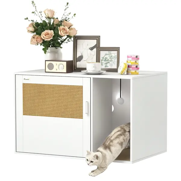PawHut Casa de toaletă pentru pisici mobilier litieră pentru pisici saltea zgâriere ușă cu mâner stil boem 80 x 50 x 50 cm alb | Aosom Romania