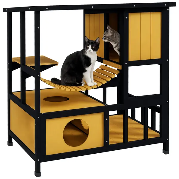 PawHut Casa pentru Pisici Colibă pentru Pisici Casa pentru Pisici, rezistentă la intemperii, 1 rampă, 1 platformă, 84,5 x 60 x 88 cm, Verde + Natural | Aosom Romania
