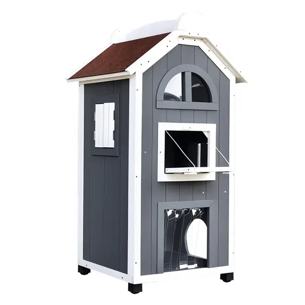 PawHut Casa pentru pisici cu pat sau litieră pentru pisici, dulap pentru pisici, toaletă pentru pisici în interior, lemn de brad, acoperiș de asfalt, Gri, 59 x 55 x 109 cm | Aosom Romania