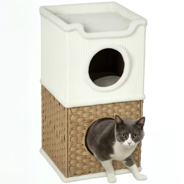 PawHut Casa pentru pisici de interior cu 3 nivele, casa pentru pisici cu zgâriere din sisal pentru zgâriere 41 x 41 x 75,5 cm, crem | Aosom Romania