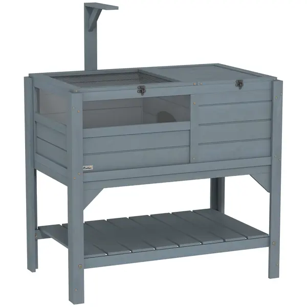 PawHut Casă pentru țestoase pe picior cu raft – Lemn de brad, 84 x 51 x 103 cm, gri | Aosom Romania