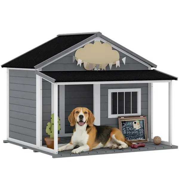 PawHut Casuță din Lemn de Exterior pentru Câini, Cușcă pentru Câini cu Terasă, Fereastră și Acoperiș Impermeabil, 124x112x105 cm, Gri | Aosom Romania
