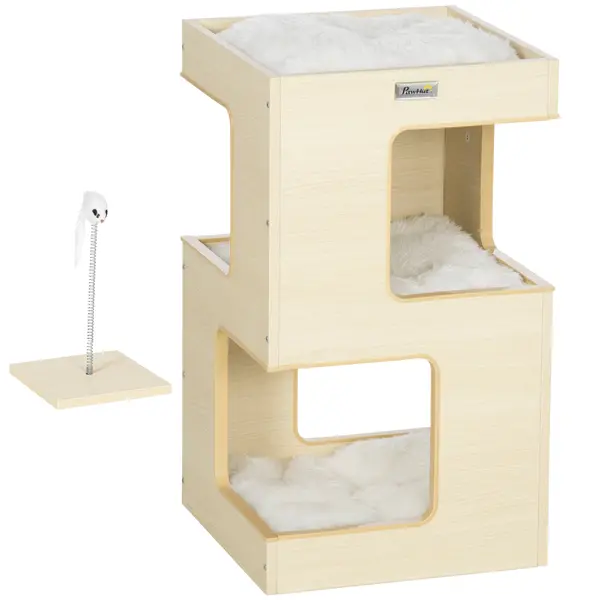 PawHut Casuta Eleganta Apartament pentru Pisici cu 3 Nivele cu Jucarii Amuzante, Pat pentru Pisoi cu Perne Moi, Centru de activitate cu Intrari pentru Pisici, Gri | Aosom Romania