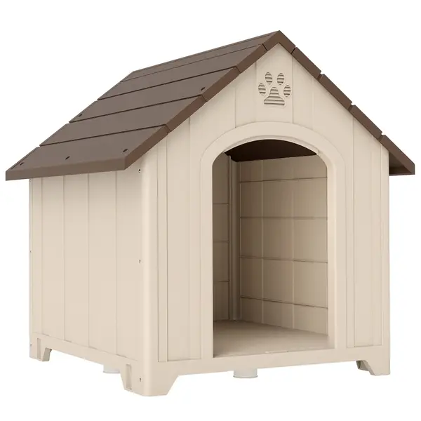 PawHut Căsuță pentru câini de talie medie și mare, ridicată, cu acoperiș înclinat, guri de aerisire și cuie, căsuță din PP, 88x78x89 cm, Bej și Maro Închis | Aosom Romania