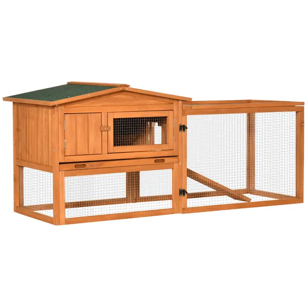 PawHut Clapier cușcă pentru iepuri și rozătoare 2 etaje sertar excremente spațiu exterior detașabil acoperiș deschis 156L x 58l x 68H cm lemn masiv pin | Aosom Romania