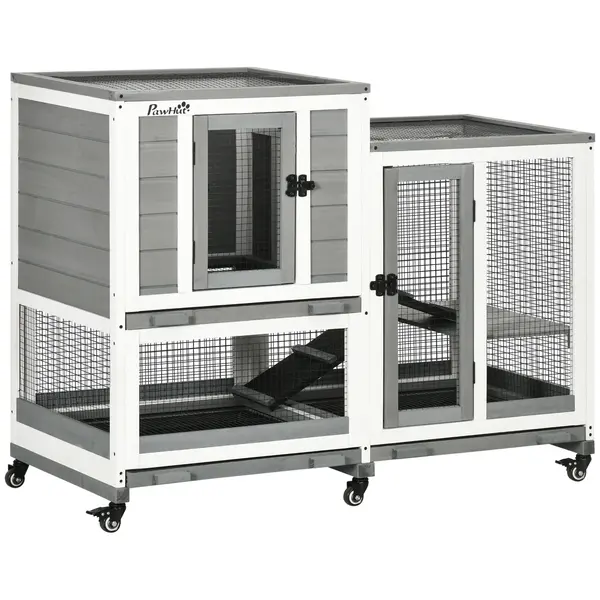 PawHut Clapier interior lemn cu roți 3 etaje rampe, 110L x 50l x 86H cm, gri și alb | Aosom Romania