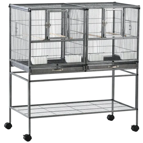 PawHut Colivie Dubla pentru Pasari din Metal cu Tavi Detasabile Suport cu 4 Roti si Raft,95x45.5x102cm, Neagra Gri | Aosom Romania