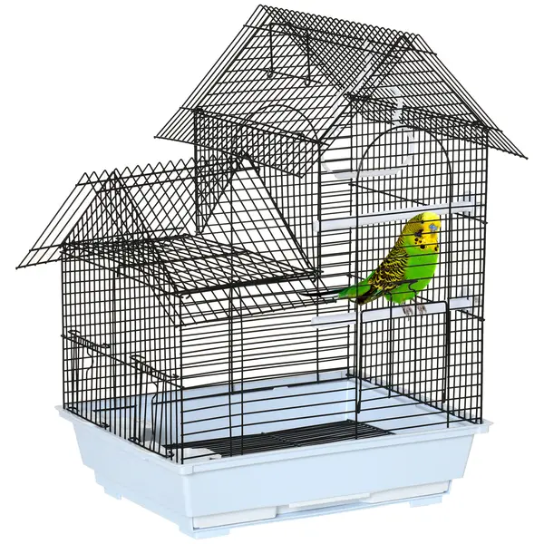 PawHut Colivie metalica cu maner, casa cu tava detasabila, cuiere si leagan din plastic, 39x33x47cm, alb | Aosom Romania