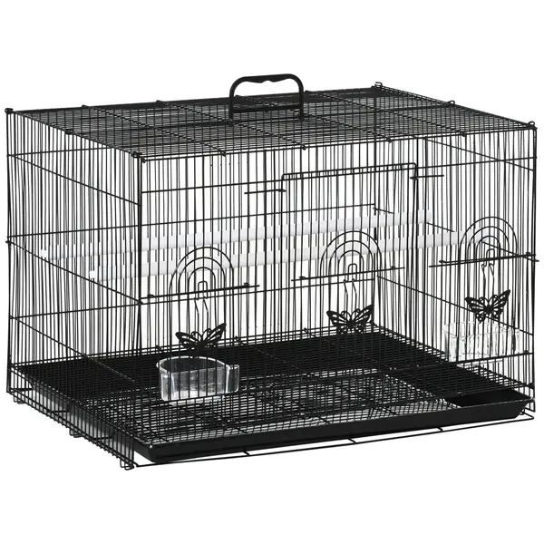 PawHut Colivie pentru Păsări cu 2 Stinghii, 3 Intrări, Tavă și 2 Recipiente pentru Hrană, 60x41x41 cm, Negru | Aosom Romania