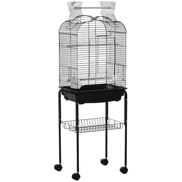 PawHut Colivie pentru Pasari cu 3 Stinghii, 2 Boluri si 2 Usi Laterale, Colivie pentru Animale din Otel, PP si Lemn, 46x36x130 cm, Neagra