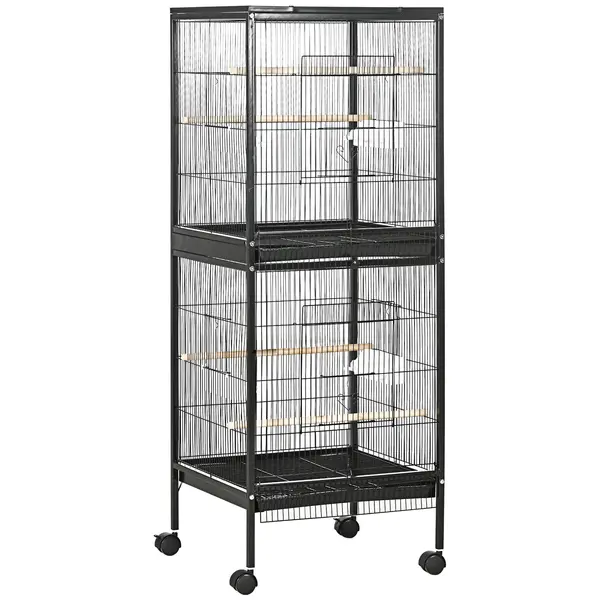 PawHut Colivie pentru Păsări cu 4 Roți Pivotante, Tăvi Detașabile și Recipiente din Plastic, 51.5x50x140 cm, Negru | Aosom Romania