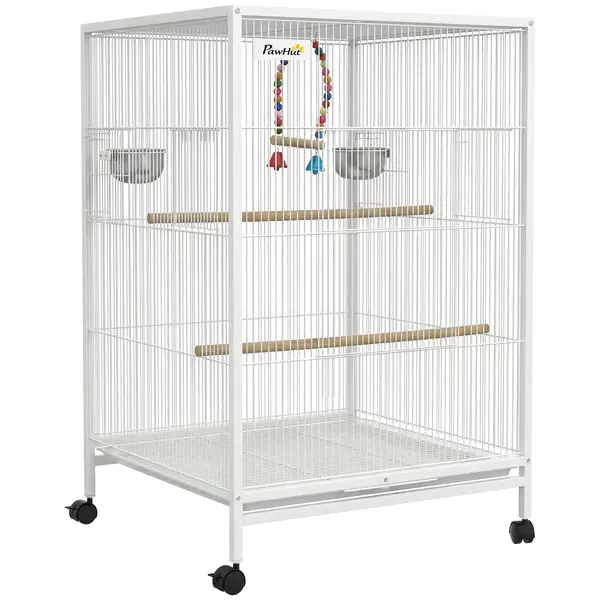 PawHut Colivie pentru Păsări cu Roți cu Hrănitoare Perchii Leagăn și Tăviță Detașabilă 48x46x78 cm Alb | Aosom Romania