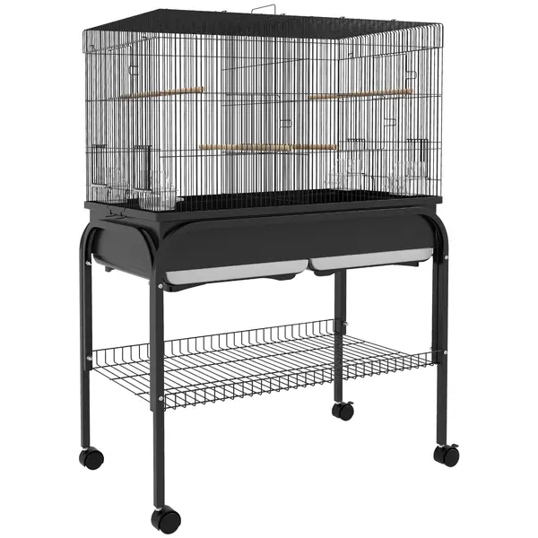 PawHut Colivie pentru Păsări de Interior cu Tăviță, Raft și Roți, Volieră din Oțel pentru Perusi, Canari, Nimfe și Papagali, Negru, 85 x 49 x 119 cm | Aosom Romania