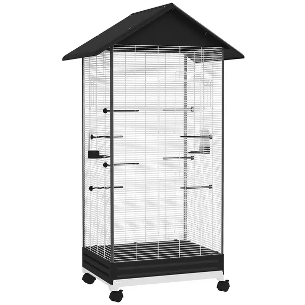 PawHut Colivie pentru Păsări, Volieră cu Tavă Detașabilă, Roți Pivotante și Hrănitoare, 79x65x155 cm, Negru | Aosom Romania