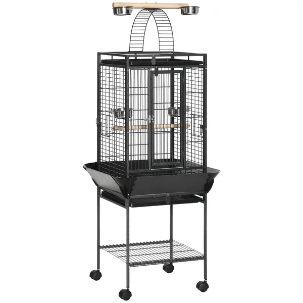 PawHut Colivie pentru Perusi cu 2 Stinghii de Lemn si Scara Acuita, Cusca pentru Pasari din Otel cu Intrari Multiple, 62.5x62.5x156 cm, Gri