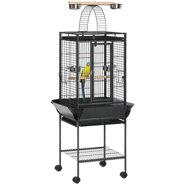 PawHut Colivie pentru Perusi cu 2 Stinghii de Lemn si Scara Acuita, Cusca pentru Pasari din Otel cu Intrari Multiple, 62.5x62.5x156 cm, Gri