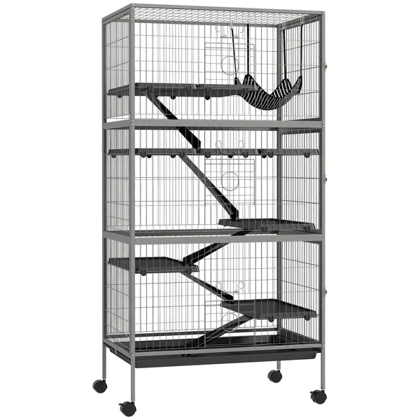 PawHut Colivie pentru Rozătoare cu 4 Intrări Multi-Nivel cu Hamac, Cușcă Metalică & PP, 80x52x159 cm, Argintiu și Negru | Aosom Romania