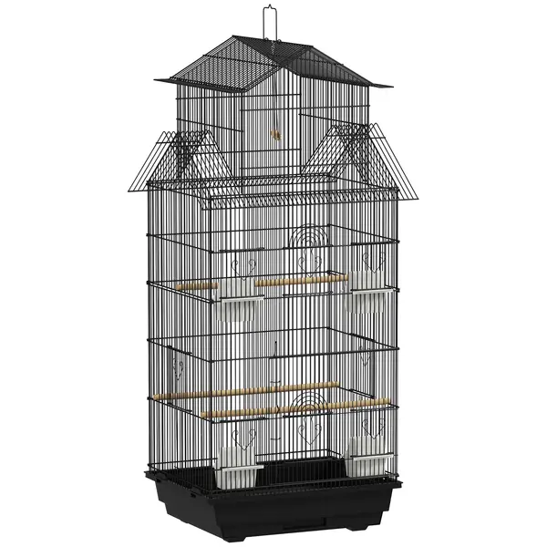 PawHut Colivie/volieră pentru păsări cu leagăn mâner portabil 4 hrănitori 3 bârne 50,5 x 41 x 104 cm oțel negru | Aosom Romania