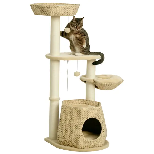 PawHut Copac de pisici cu elemente de escaladare si zgariat inaltime 119 cm coloane consolidate cu cutie hamac 2 bile suspendate | Aosom Romania
