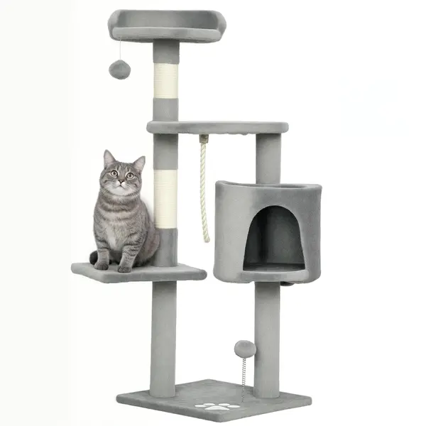 PawHut Copac de pisici multifuncțional zgârie zgâriețuri platforme adăpost sfoară jucării 40 x 40 x 114 cm gri | Aosom Romania