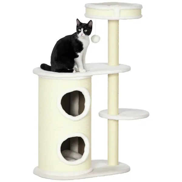 PawHut Copac de zgâriat cu casă pentru zgâriat, 1 pat pentru pisică și jucărie pentru pisică, 59 cm x 35 cm x 100 cm, Crem | Aosom Romania