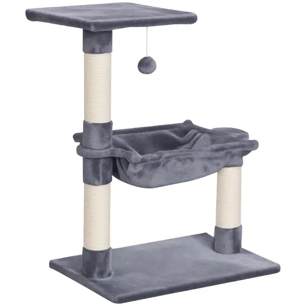 PawHut Copac de Zgâriere pentru Pisici, Jucărie pentru Pisici cu Hamac și Minge Atârnată din Lemn și Pluș, 50x36x70 cm, Gri | Aosom Romania