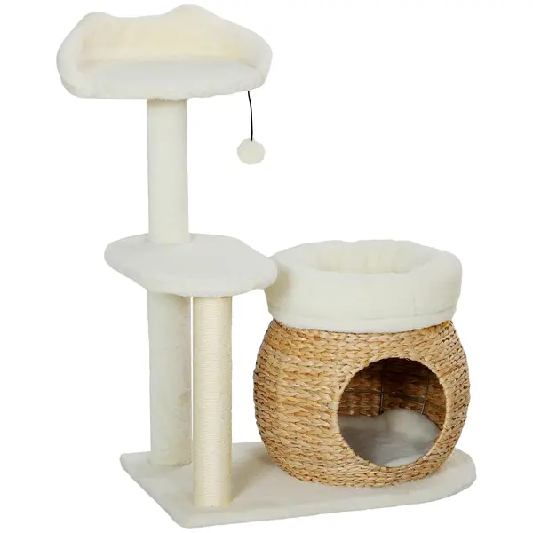 PawHut Copac pentru pisici cu căsuță, minge de joacă și platformă, stuf/sisal, până la 10 kg, 60 x 40 x 79 cm, crem-alb | Aosom Romania
