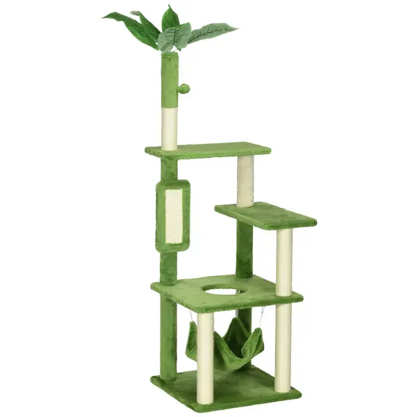 PawHut Copac Pisici 142cm cu Hamac Stâlp Zgârieturi Minge Verde 49x49x142cm | Aosom Romania